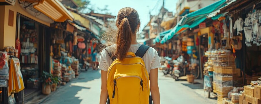 Backpacker journey destination concept, young tourism student exploring a vibrant market street in Southeast Asia during a summer vacation trip, Generative AI