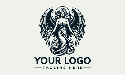 Elegant angel woman logo design, dark grayscale, vintage style, flowing dress, large wings.