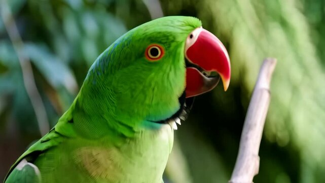 Closeup of a brilliant green rose-ringed parakeet perched on a branch showing off its vibrant plumage and red beak.