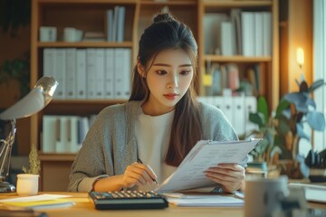 Women in business using calculators to calculate the company budget and income reports, reviewing financial data at their office desk, Generative AI