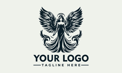 An elegant illustration of an angel with outstretched wings, a halo, and flowing dress.