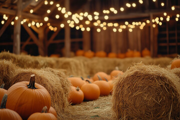 Pumpkins on Hay Bales in a Fall Harvest Field