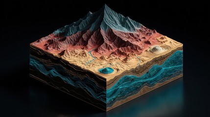 3D terrain slice, layered rock strata