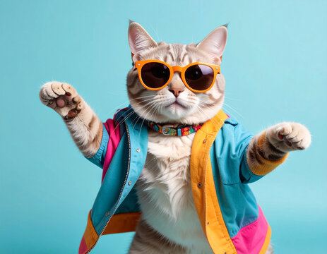 Cute cat wearing bright colorful clothes and stylish sunglasses, dancing joyfully on a solid pastel background