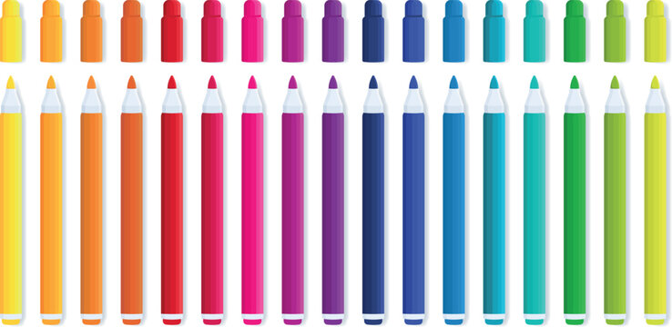 Felt Tip Pens Set, Colorful Marker Collection, Stationery Drawing Tools Vector