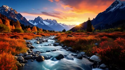 Scenic mountain landscape with river flowing through autumnal foliage at vibrant sunset light with snow capped peaks in the background