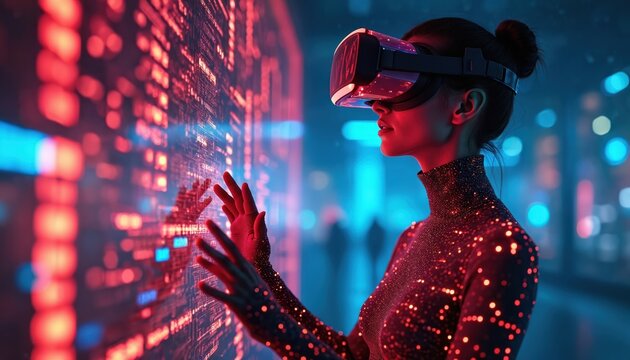 Woman in VR headset interacting with virtual data visualization. Futuristic tech concept, digital art illustration shows modern cyberspace interaction. VR glasses user, big data visualization for