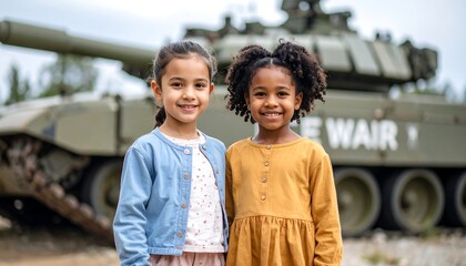 Two girls smiling in front of a tank