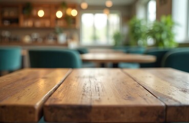 Empty wooden table with blurred cafe background. Rustic wood texture close-up. Blurred bokeh lights, interior. Cafe, restaurant, living room background. Cozy home atmosphere. Space for text product