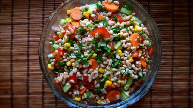 Farro salad with corn carrots tomatoes and parsley in a glass bowl vegetable salad