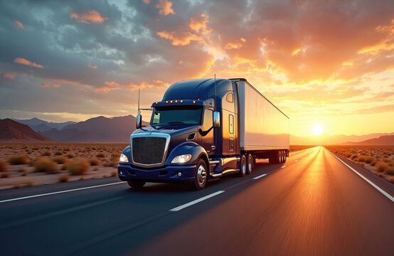 Semi-truck speeds along desert highway under vibrant sunset. Logistic freight transportation concept. Efficient delivery, supply chain management, and long haul driving. American trucking industry.