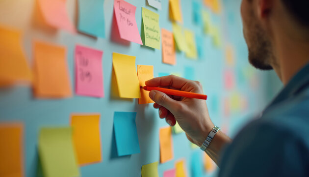Business team uses Agile method for project planning. Man writes on sticky note, brainstorming ideas. Colorful sticky notes attached to wall. Agile, Scrum, Lean frameworks for teamwork.