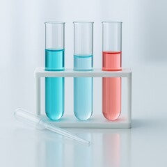 Three glass test tubes filled with blue and pink liquids, standing in a white rack with a pipette nearby. Clean laboratory background. Ideal for science and pharma use.