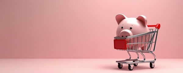 Piggy bank in shopping cart on pink background. Finance, banking, investment, shopping concept. Economic growth, saving money. Online business concept. Copy space for text, advertisement, banner.