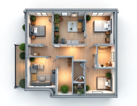 Top view of modern house floor plan with four bedrooms three bathrooms. Architectural 3D project with balcony, wooden floor. Interior design illustration of apartment with furniture, living room, - Powered by Adobe