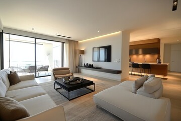 Fototapeta premium Interior design of a modern apartment, featuring a beige sofa in the living room with a concrete stucco mock-up wall. Home design, Generative AI