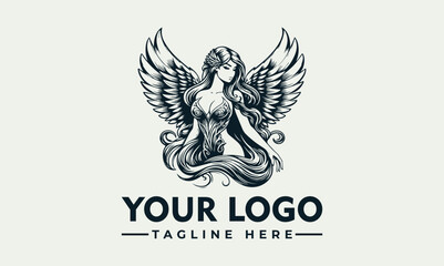Illustration of a winged woman with flowing hair, presented as a logo concept.