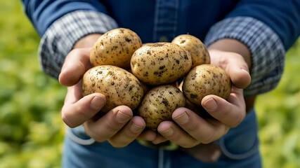 Closeup of hands holding fresh potatoes showcasing natural textures a vibrant outdoor farm setting ideal for agricultural or food publications