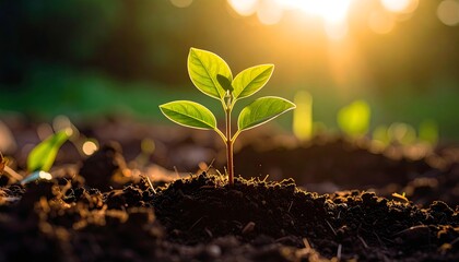 Young sprout in fertile soil, bathed in sunlight