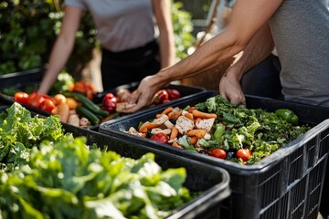 Food waste environmental concept, people disposing of food waste in compost bins, promoting eco-friendly practices for waste reduction and environmental sustainability, Generative AI