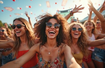 Group of young people enjoying music festival, dancing outdoors. Joyful friends, laughing, celebrating life, freedom. People fun at open-air summer concert. Crowd celebrate youth party, music event.