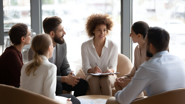 Group meeting 6 seated people discuss one writing on clipboard in a bright office