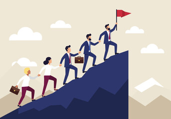 Obraz premium A group of business people ascending a steep blue mountain with a red flag at the summit showing the successful journey of teamwork and achievement