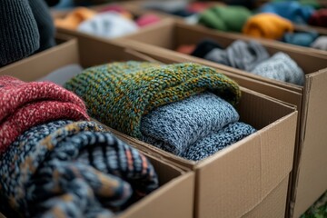 Close-up of boxes of belongings preparing to donate to charity, reflecting acts of kindness and environmental sustainability, Generative AI