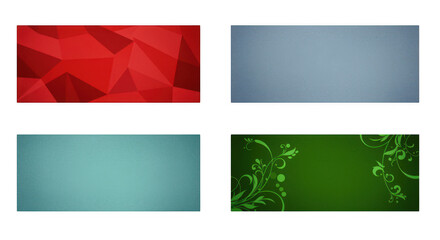 Naklejka premium Abstract Banner Collection: Four diverse banner designs, each showcasing a unique aesthetic; Red geometric shapes, solid light-blue, teal gradients and decorative green flourishes.