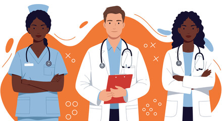 medical, professionals, doctors, nurses, healthcare, team, diverse, illustration, orange, background, stethoscope, uniform, clipboard, medical staff, health, care, medicine, hospital, clinic, physicia