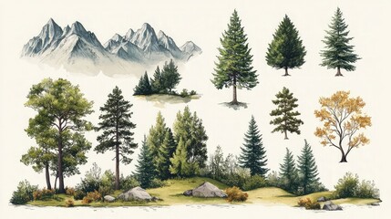 Nature drawings including trees, wildlife, mountains, and outdoor scenery captured with fine details or stylized elements for use in eco-themed, decorative, or educational projects.
