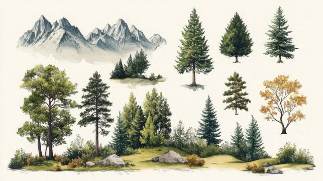 Nature drawings including trees, wildlife, mountains, and outdoor scenery captured with fine details or stylized elements for use in eco-themed, decorative, or educational projects.