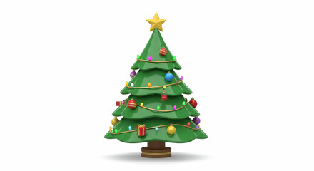 Green Christmas tree with star lights ornaments a red gift  brown base stands against a white background with soft shadow