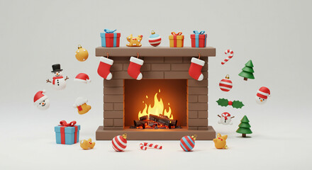 Fireplace mantle with Christmas stockings  gift boxes and Christmas decorations surrounding it