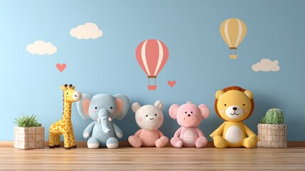 Obraz premium Childrens room, stuffed animals, light blue wall