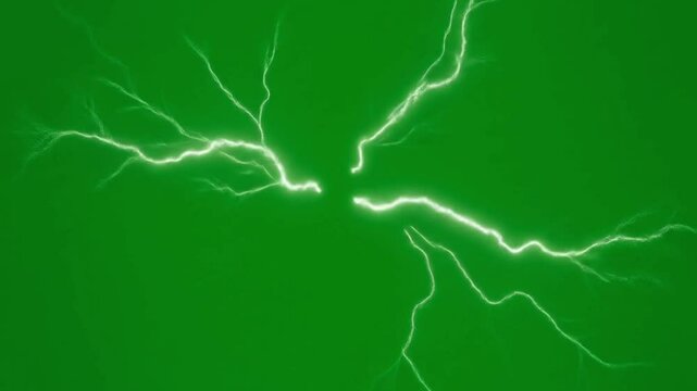 Animated lightning strikes on a green screen background with bright white flashes effect