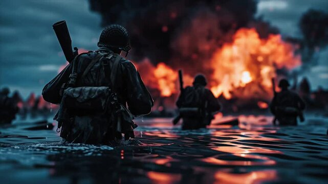 A dramatic scene of American soldiers storming the beaches at Normandy. 