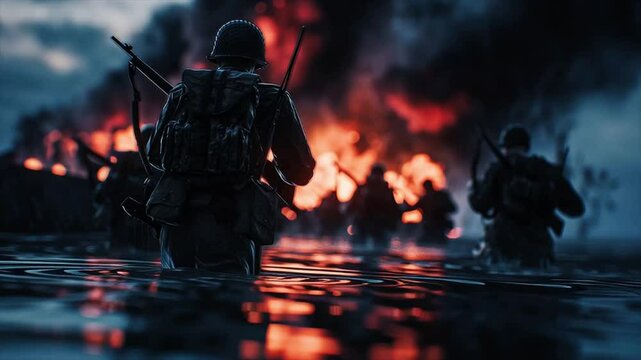 A dramatic scene of American soldiers storming the beaches at Normandy. 