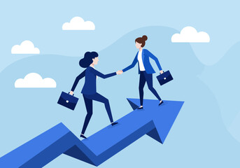 Obraz premium Two Businesswomen Shaking Hands Helping Each Other Climb Upward Growth Arrow Towards Success Together in Partnership Collaboration and Teamwork Spirit