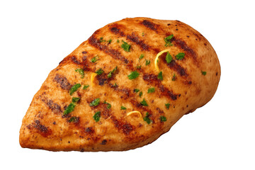 Grilled chicken breast seasoned with lemon zest and parsley, garnished on transparent background, highlighting culinary freshness