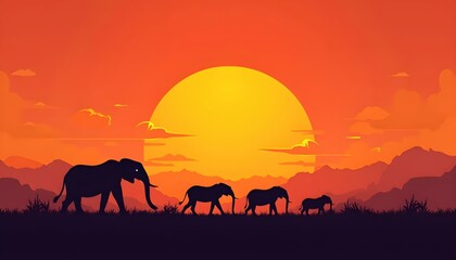 Naklejka premium African nature scenery with dark animal outlines against a glowing orange-pink sky and flocks of birds