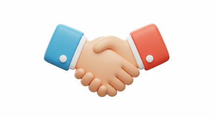 Two cartoon hands in business attire shaking one blue sleeve one red sleeve