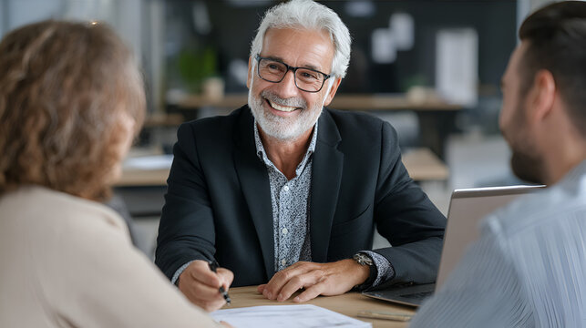 Smiling man in glasses black suit meeting with two people at a table documents laptop present