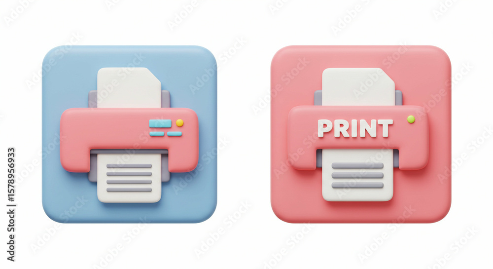 Poster two printer icons left is light blue right is pink both display paper output and printing one with p