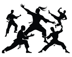 Fototapeta premium Dynamic Silhouettes of Martial Artists in Action Poses on a White Background