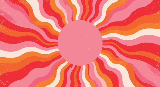A retro sunburst background features pink, orange, and cream wavy lines radiating from a central circle