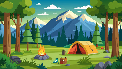 Scenic mountain landscape with a campsite featuring a tent and campfire © skcpdesign