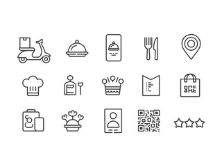 Restaurant Icons: A set of stylish line icons representing a variety of restaurant elements. Conveying concepts like online ordering, food, and restaurant.