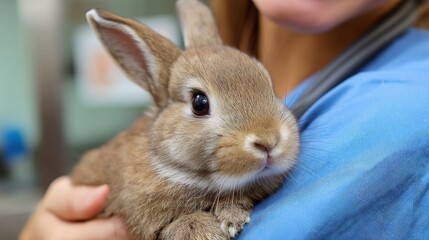 Cute Rabbit Being Held by Vet Nurse With a Gentle Smile in a Veterinary Clinic