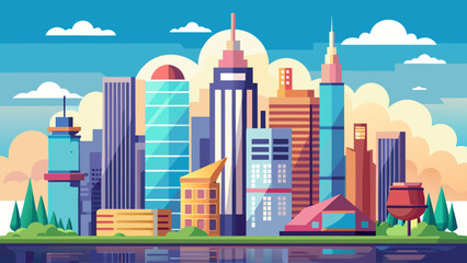 Vibrant flat design cityscape with modern skyscrapers and reflections on water